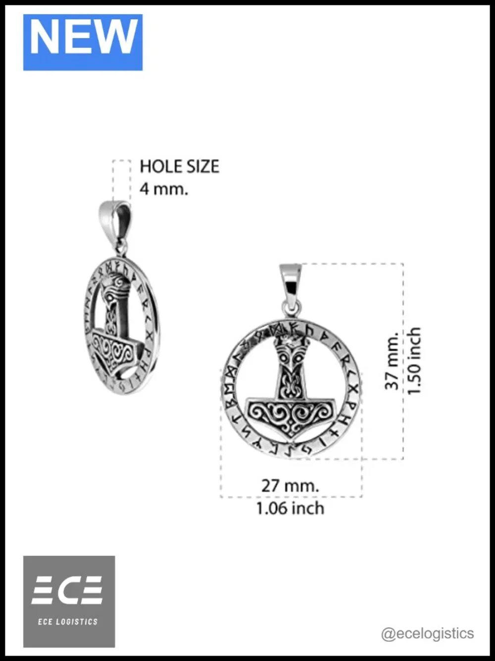 Sterling Silver Viking Mjolnir Thor Hammer Pendant Necklace Amulet Norse